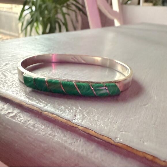 Taxco Mexico 925 Sterling Silver Malachite Stone Bangle Bracelet - Picture 2 of 13